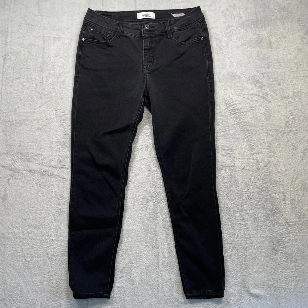 Angels Curvy Skinny Jeans Womens 10 Black Double Button Flap Pocket Stretch
